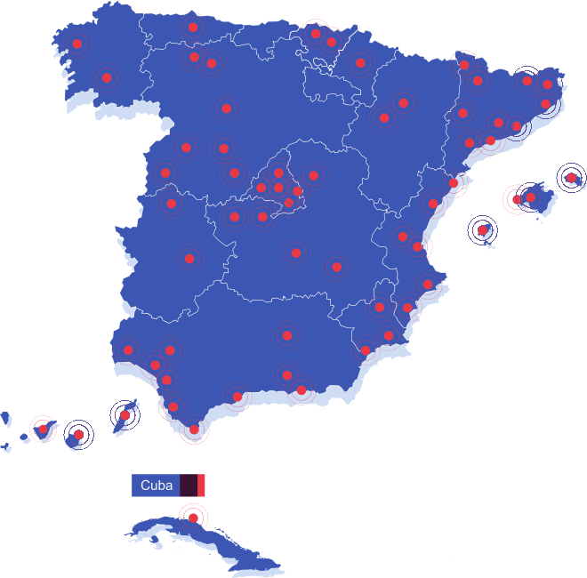 mapa de la peninsula española, Islas baleares, islas canarias , Panamá y Cuba con puntos rojos de los puntos de servicio.